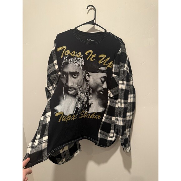 Reworked Upcycle Grunge Oversize Tupac Shakur  Flannel Top S/M - Picture 2 of 5